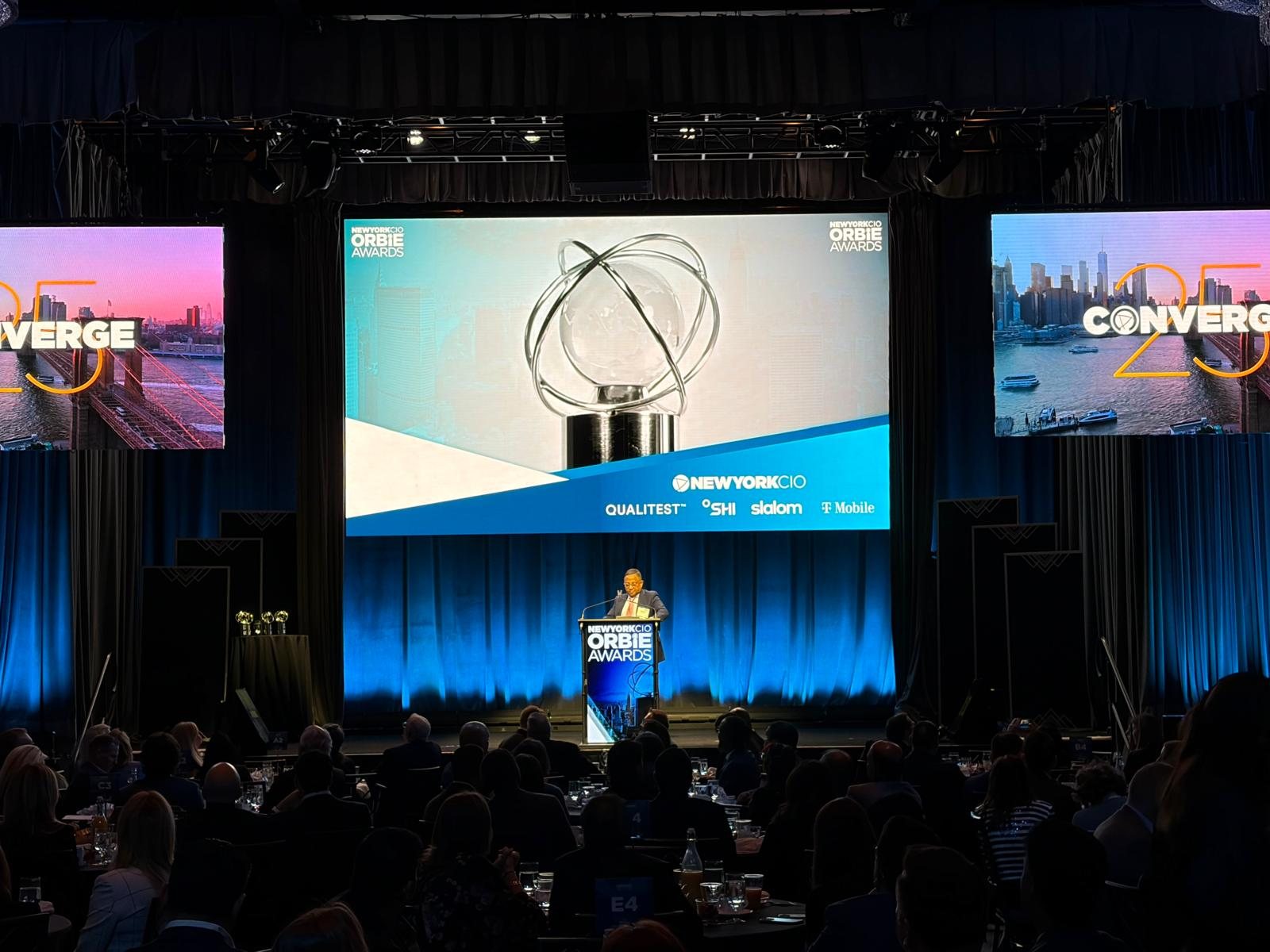 Suvajit Basu on stage at the NewYorkCIO ORBIE Awards
